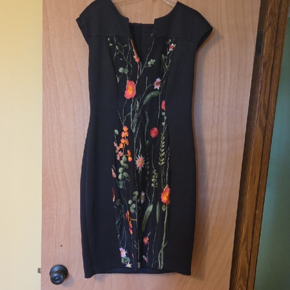 connected apparel Black Midi Dress with Bright Floral Embroidery